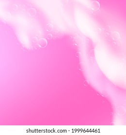 Beautiful bright background with Bath pink foam and empty place for your text. Shampoo bubbles texture. Sparkling pink shampoo and bath lather. Vector realistic illustration.