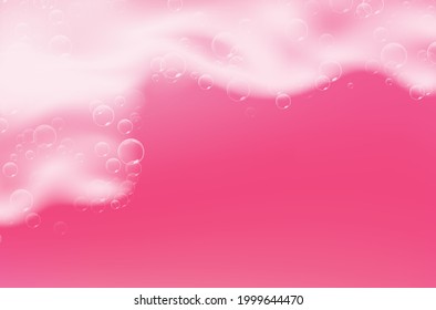 Beautiful bright background with Bath pink foam and empty place for your text. Shampoo bubbles texture. Sparkling pink shampoo and bath lather. Vector realistic illustration.