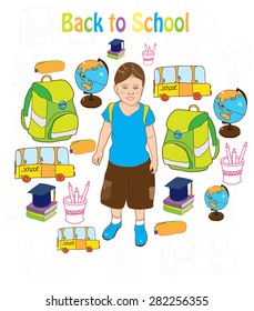 beautiful bright background with boy and school supplies backpack globe pencil case books and inscription back to school