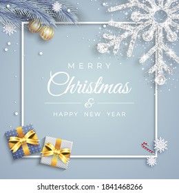 Beautiful bright background with Christmas decoration. Vector poster of happy new year with blue balls, gifts, christmas tree branches. Holiday greeting card