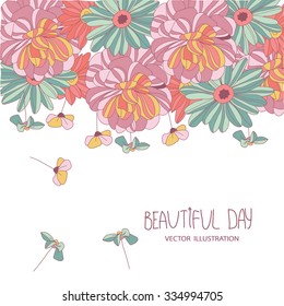beautiful bright background with leaf and flower print with a beautiful inscription background white background