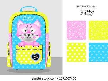 Beautiful bright backpack for the girl. Blue, yellow and pink colors. With a funny pink cat and a pocket for little things. Layout of textile prints.