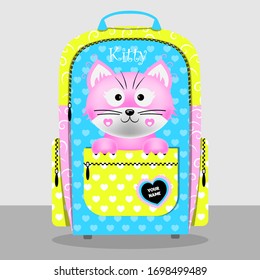 Beautiful bright backpack for the girl. Blue, yellow and pink colors. With a funny pink cat and a pocket for little things. Layout of textile prints.