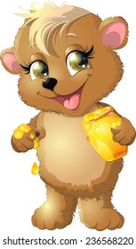 beautiful bright bear eats honey on white background