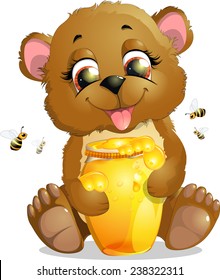 beautiful bright bear eats honey on white background