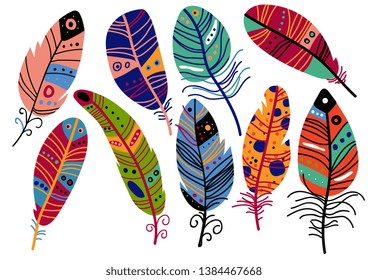 Beautiful Bright Bird Feathers Painted in Colorful Patterns, Decoration Elements Vector Illustration