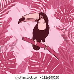 Beautiful bright bird toucan in tropical forest in plants. Pink background. Vector illustration.