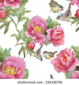 Beautiful bright birds and pink flowers pattern on white background vector illustration