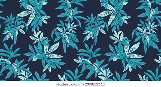Beautiful bright blue tropical branches leaves intertwined in a seamless pattern. Vector hand drawn. Abstract, artistic leaf stems on a dark back print. Botanical illustration. Design for fashion