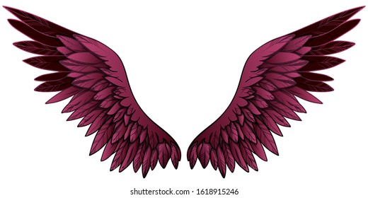 Beautiful bright burgundy gradient wings, hand drawn vector