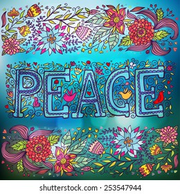 Beautiful bright card with the word peace.