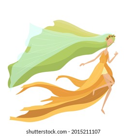 Beautiful bright cartoon flat illustration of forest fairy Mavka. Fabulous drawing for a children's book or encyclopedia of magical creatures. Legends and myths of Eastern Europe. Stylish character