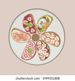 beautiful bright cartoon illustration of a set of delicious breakfast sandwiches on a plate on a beige background