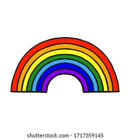 Beautiful bright cartoon rainbow icon. Front view. Hand drawn vector graphic illustration. Isolated object on a white background. Isolate.