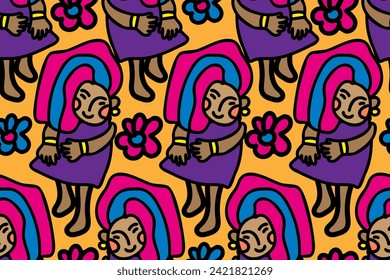 Beautiful bright colored ethnic style happy smiling woman with pink and blue hairstyle dancing on the flower field. Seamless vector pattern for design and decoration.