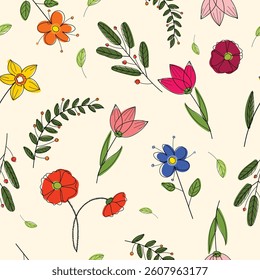 Beautiful bright colorful hand drawn flowers with black contour on ivory background seamless vector pattern