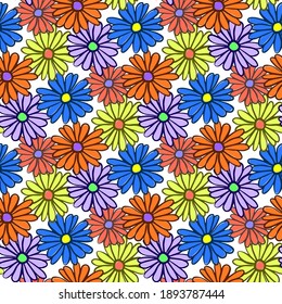 Beautiful bright colorful multicolored chamomile flowers isolated on white background. Cute floral seamless pattern. Vector flat graphic hand drawn illustration. Texture.