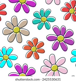 Beautiful bright colorful multi-colored flowers isolated on a white background. Cute floral seamless pattern. Vector simple flat graphic hand drawn illustration. Texture.