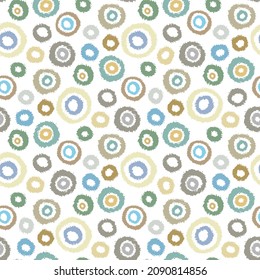 Beautiful bright colorful multicolored ink circles and rings isolated on white background. Childish cute geometric seamless pattern. Vector simple flat graphic hand drawn illustration. Texture.