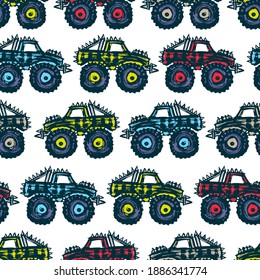 Beautiful bright colorful multicolored monster trucks isolated on white background. Cute car seamless pattern. Sketch drawing. Side view. Vector flat graphic hand drawn illustration. Texture.