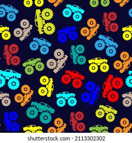 Beautiful bright colorful multicolored monster trucks isolated on dark blue background. Cute transport seamless pattern. Side view. Vector simple flat graphic illustration. Texture.