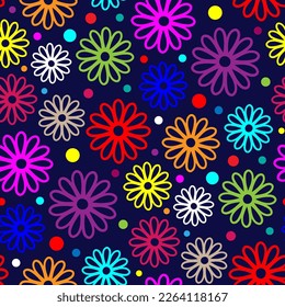 Beautiful bright colorful multicolored small contour linear flowers isolated on a blue background. Cute floral seamless pattern. Vector simple flat graphic illustration. Texture.