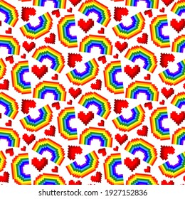 Beautiful bright colorful pixel rainbows and hearts isolated on white background. Childish cute seamless pattern. Vector flat graphic illustration. Texture.