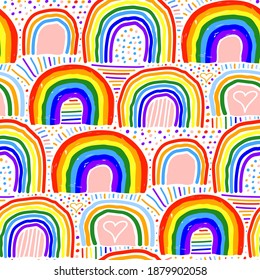 Beautiful bright colorful rainbow isolated on white background. Childish cute seamless pattern. Marker, pencil, ink, felt-tip pen. Vector flat graphic hand drawn illustration. Texture.