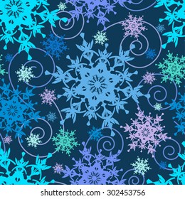 Beautiful bright dark blue background seamless pattern with colorful ornate snowflakes and swirls. Seasonal winter festive seamless wallpaper for New Year and Christmas. Vector illustration.
