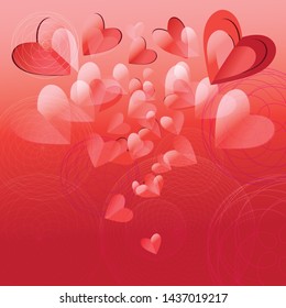 Beautiful bright festive background of red and pink hearts on a bright texture