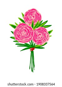 Beautiful bright festive bouquet isolated on white background. Garden flowers roses, pink peonies. Hand-drawn vector drawing. Birthday, wedding, postcard.