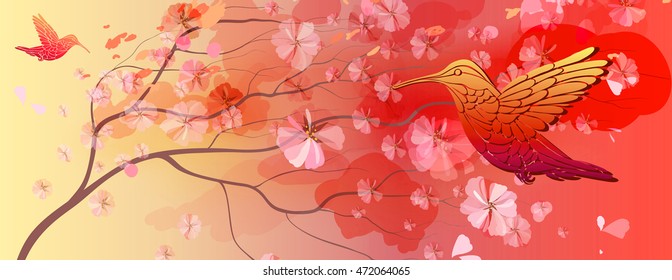 Beautiful bright floral horizontal background with bird