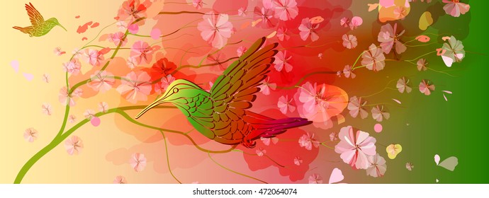 Beautiful bright floral horizontal background with bird