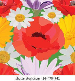 beautiful bright floral seamless pattern of large red poppies, delicate white , lilac and yellow daisies on green background