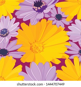  beautiful bright floral seamless pattern of big yellow flowers and delicate little lilac daisies on dark purple background