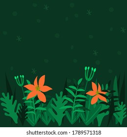Beautiful bright flowers in dark jungle, simple flat vector illustration