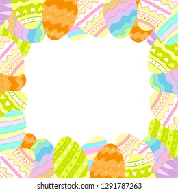 Beautiful bright frame with creative Easter eggs. Spring festive background, decorative border. Template for sale, advertising, design, party, event, poster, print, web. Vector plant card.