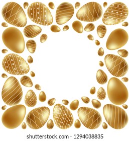 Beautiful bright frame with golden Easter eggs. Spring festive background, decorative border on white background. Template for sale, advertising, design, party, event, poster, print, web. Vector.