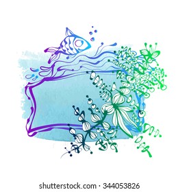 Beautiful bright frame in nautical style with fish on watercolor background. Vector illustration
