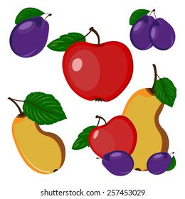 Beautiful and bright fruits in vector. Plum, apple and pear
