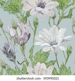 bello, luminoso, suave y sin fisuras con margaritas de verano. Patrón de tendencia ecológica para textiles e impresiones, e impresión.
