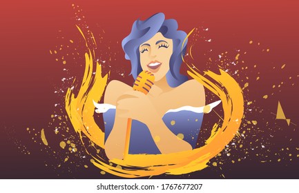 Beautiful bright girl sings in karaoke on a background of abstract golden splash. Young jazz singer in a dress enjoys singing and music.