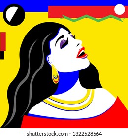 Beautiful and bright girl in the style of pop art head thrown back. Illustration in retro pop art style.