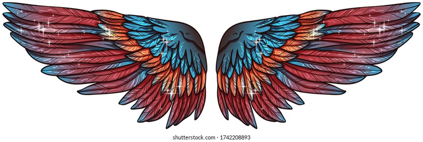 Beautiful bright glittery magic blue pink vector wings