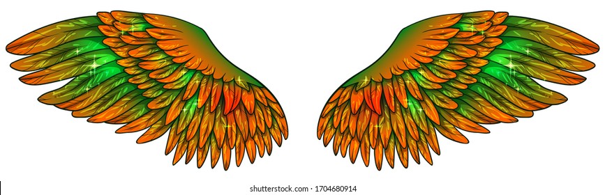 Beautiful bright glowing orange fiery green phonix wings, vector