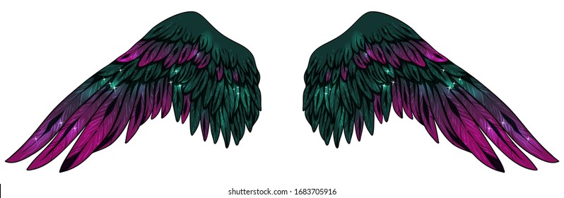 Beautiful bright glowing shiny glittery dark deep green wings with fuchsia feathers, vector