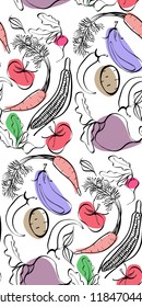 Beautiful bright graphic Scandinavian pattern of organic vegetables: potato, tomato, beetroot, shallot, eggplant, corn, carrot vector hand illustration. Perfect for greetings card, textile, menu
