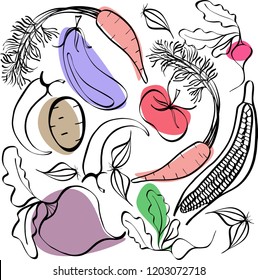 Beautiful bright graphic Scandinavian pattern of organic vegetables: potato, tomato, beetroot, shallot, eggplant, corn, carrot vector hand illustration. Perfect for greetings card, textile, menu