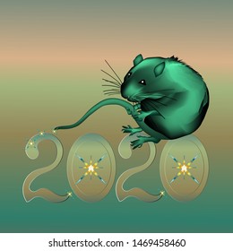 Beautiful bright green rat. New year 2020. Green yellow background. Holiday card. Symbol of year.