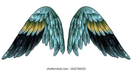 Beautiful bright green turquoise shiny glittery wings with yellow feathers, hand drawn vector
